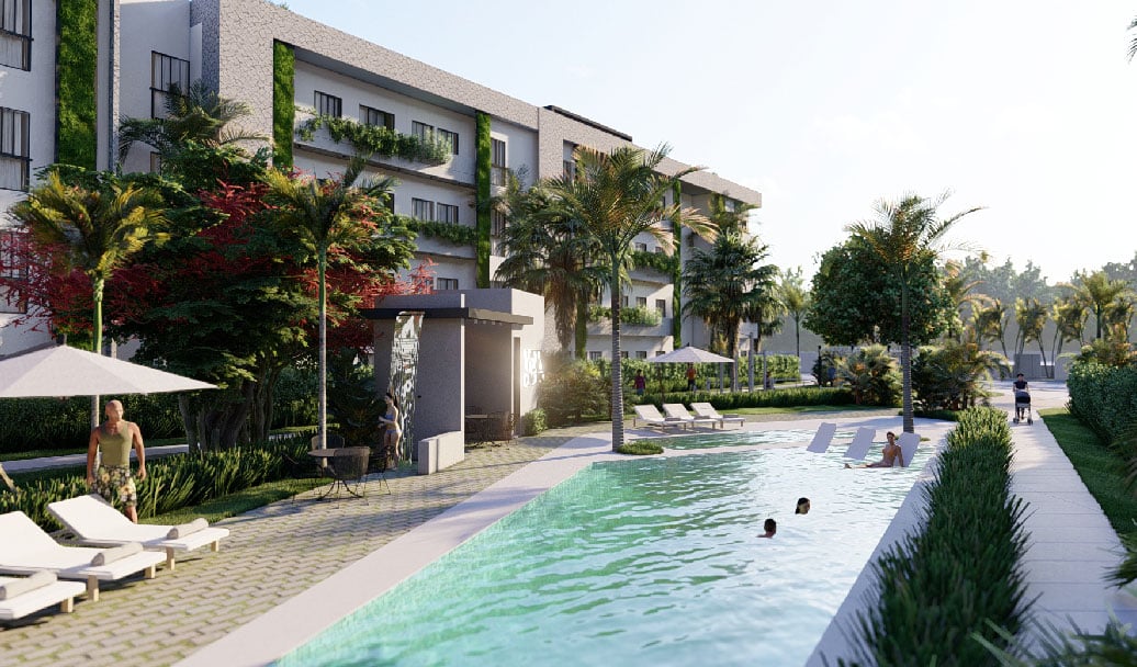 Vista de amenidad 3 piscina de niños y adultos. Forma parte de los espacios exclusivos del proyecto de apartamentos de lujo Vista Avalon en Punta Cana-Bávaro - Urban Group